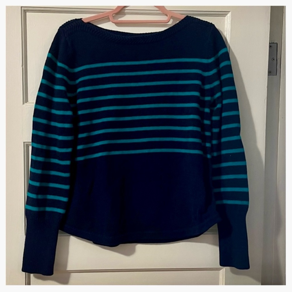 LOFT Navy & Teal Striped Boat Neck Sweater – Size L